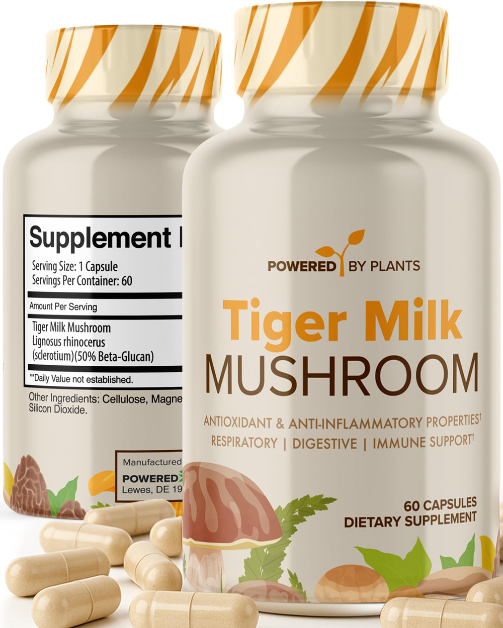 POWERED X PLANTS Tiger Milk Mushroom bottle with 60 capsules on white background