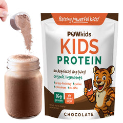 POWkids chocolate protein shake bottle shows kid-friendly nutrition for active afternoons.