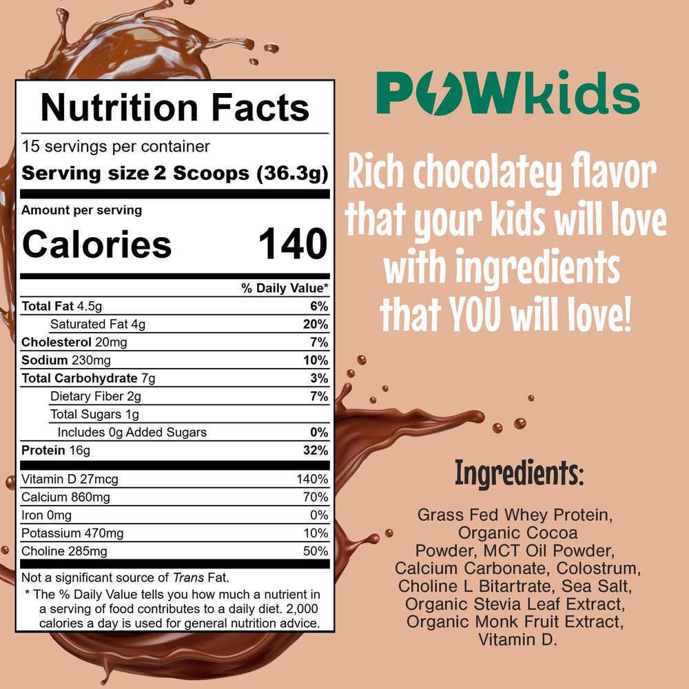 POWkids chocolate protein shake canister highlights organic ingredients for wholesome snacking.