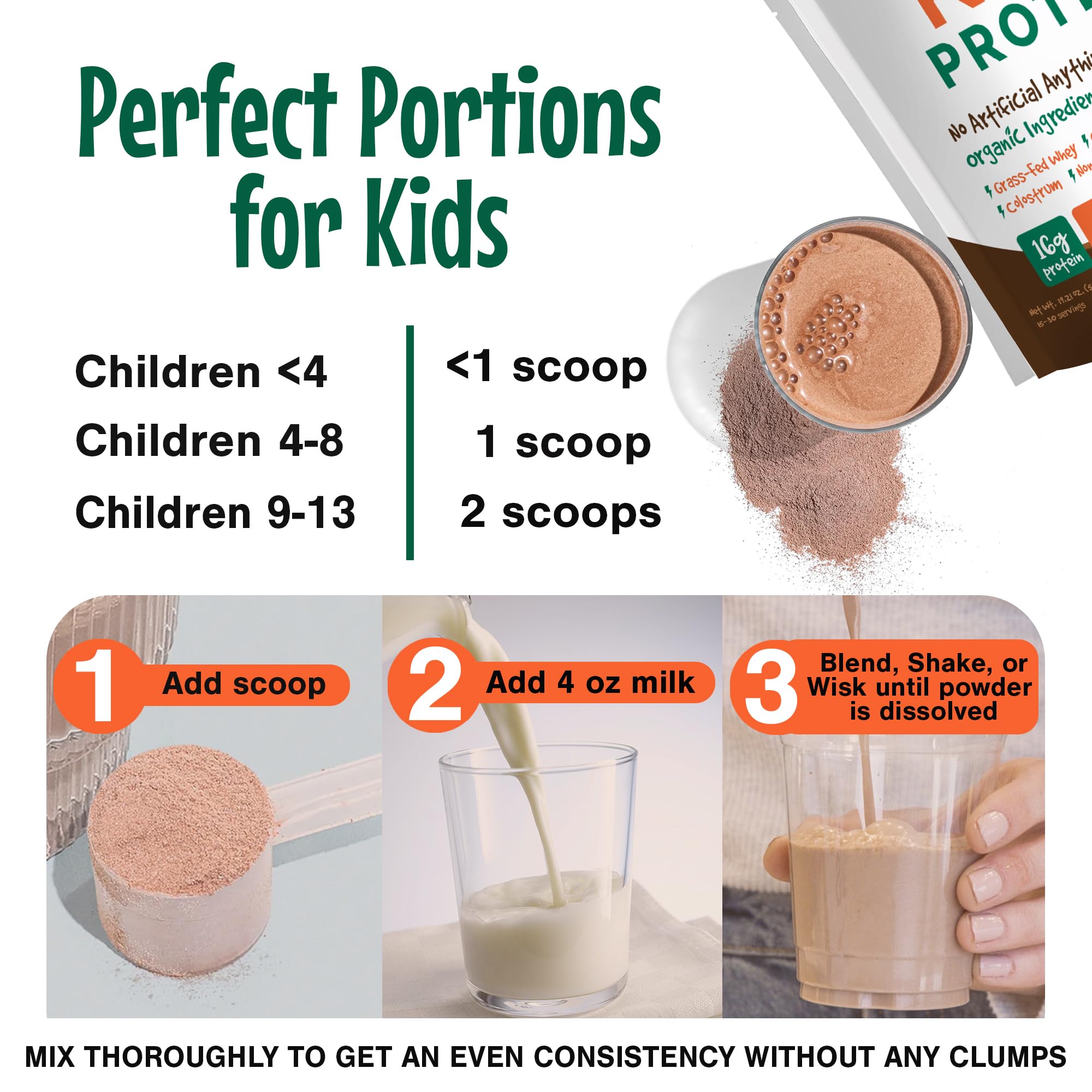 POWkids chocolate shake label notes calcium and choline for bone and brain development support.
