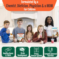 POWkids chocolate shake spoon-dispense image offers convenient serving for busy families.