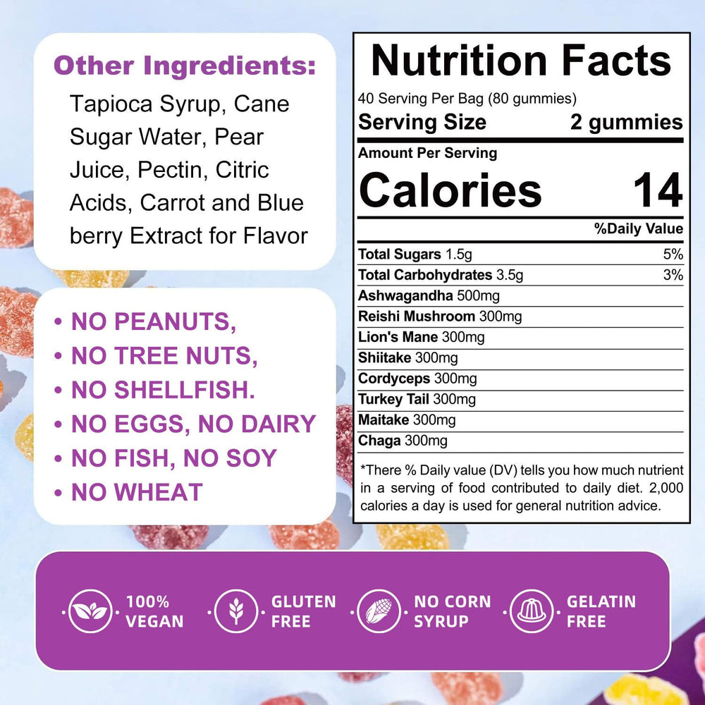 Organic functional mushroom gummies packaging and ingredients