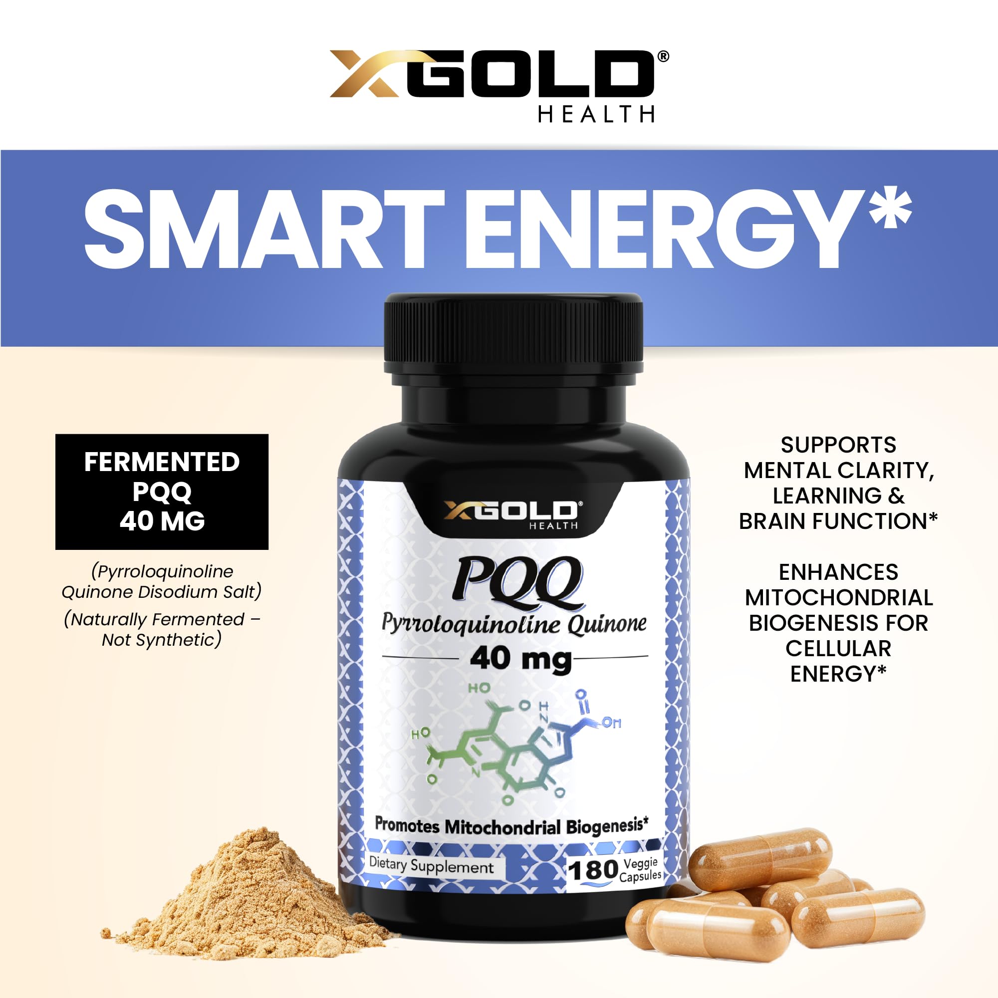 Serving visual showing 40 mg PQQ per serving