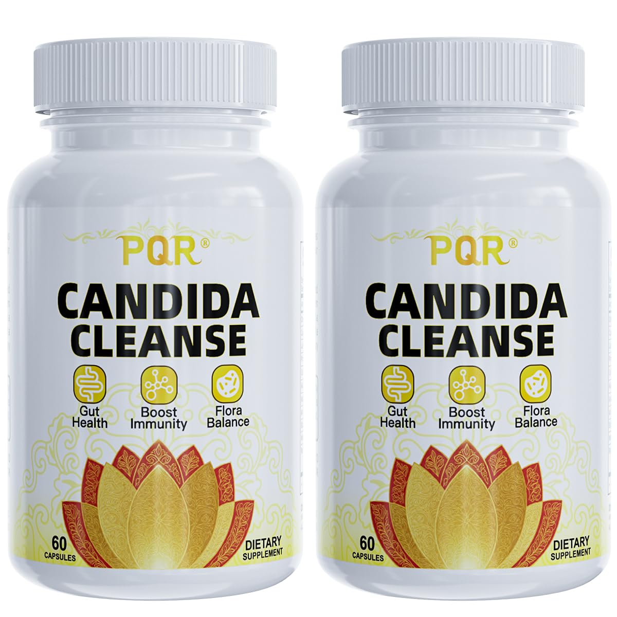 PQR Candida Cleanse bottle front showing natural gut balance support for daily use