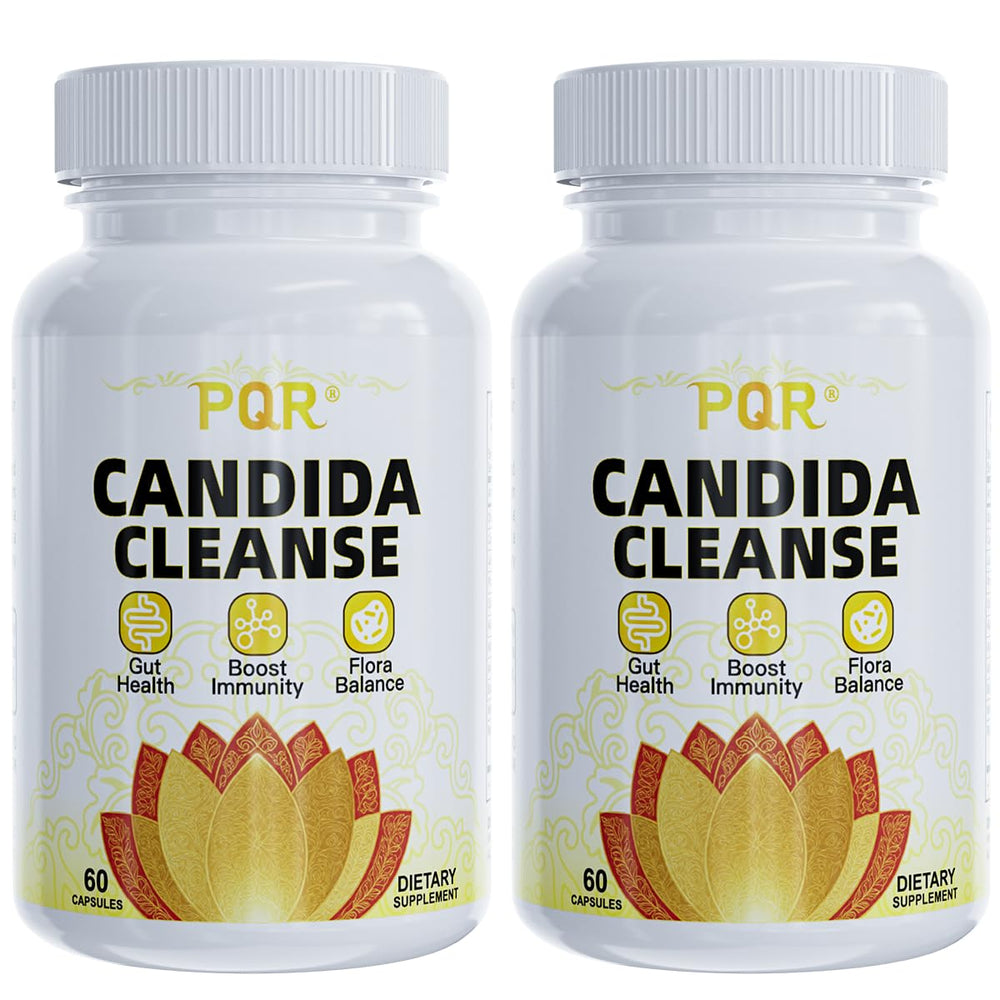 PQR Candida Cleanse bottle front showing natural gut balance support for daily use