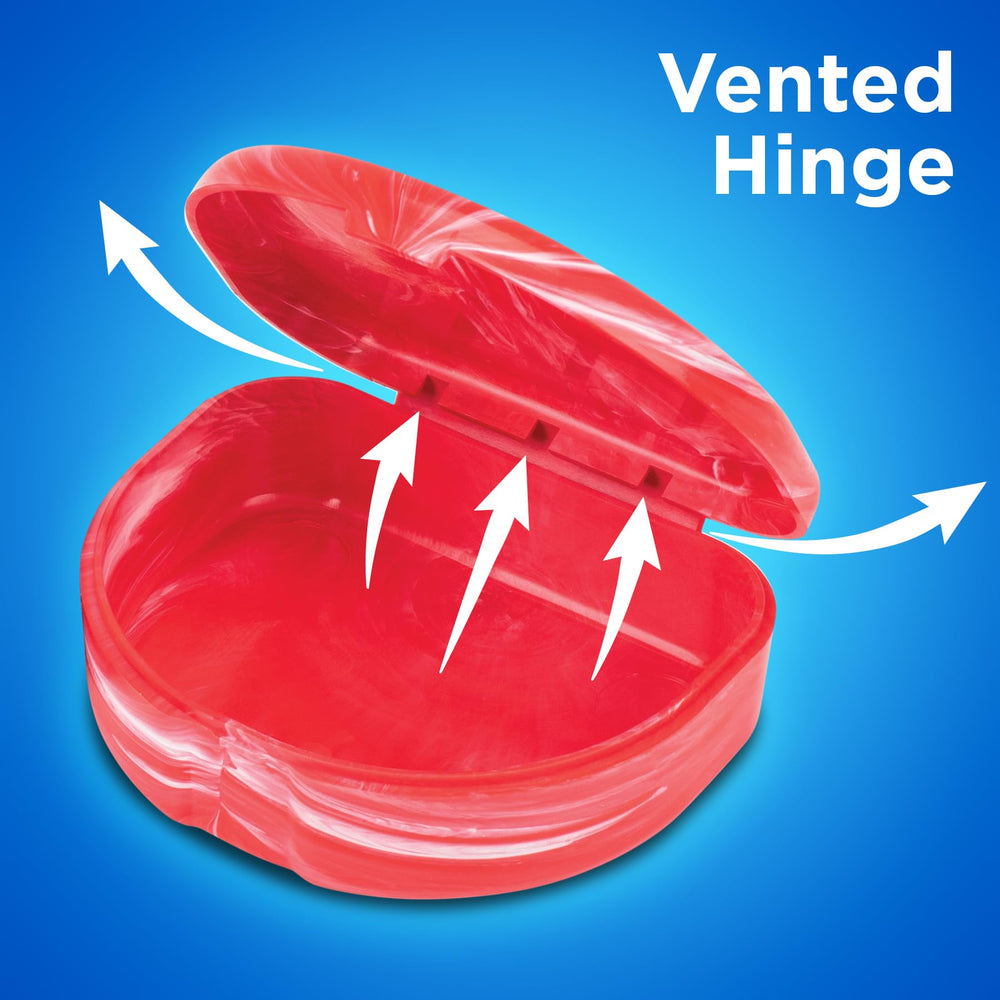 Vented hinge on a red marble orthodontic case