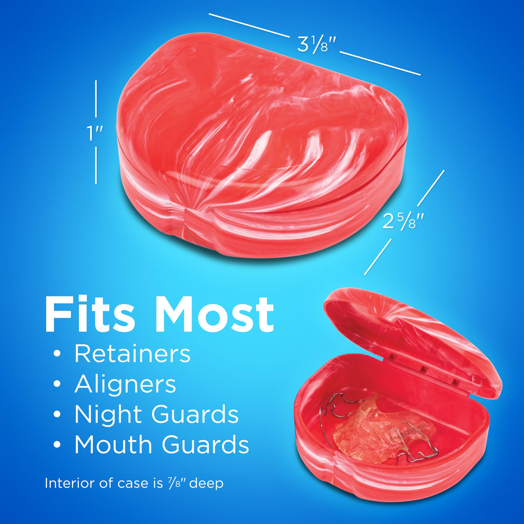 Three red marble retainer cases with stickers included
