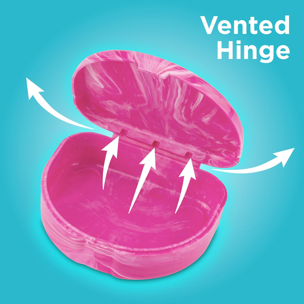 Close-up of vented hinge on pink case