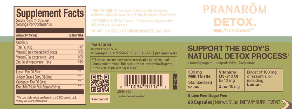 60-count bottle of Aromaboost Detox showing dosage information