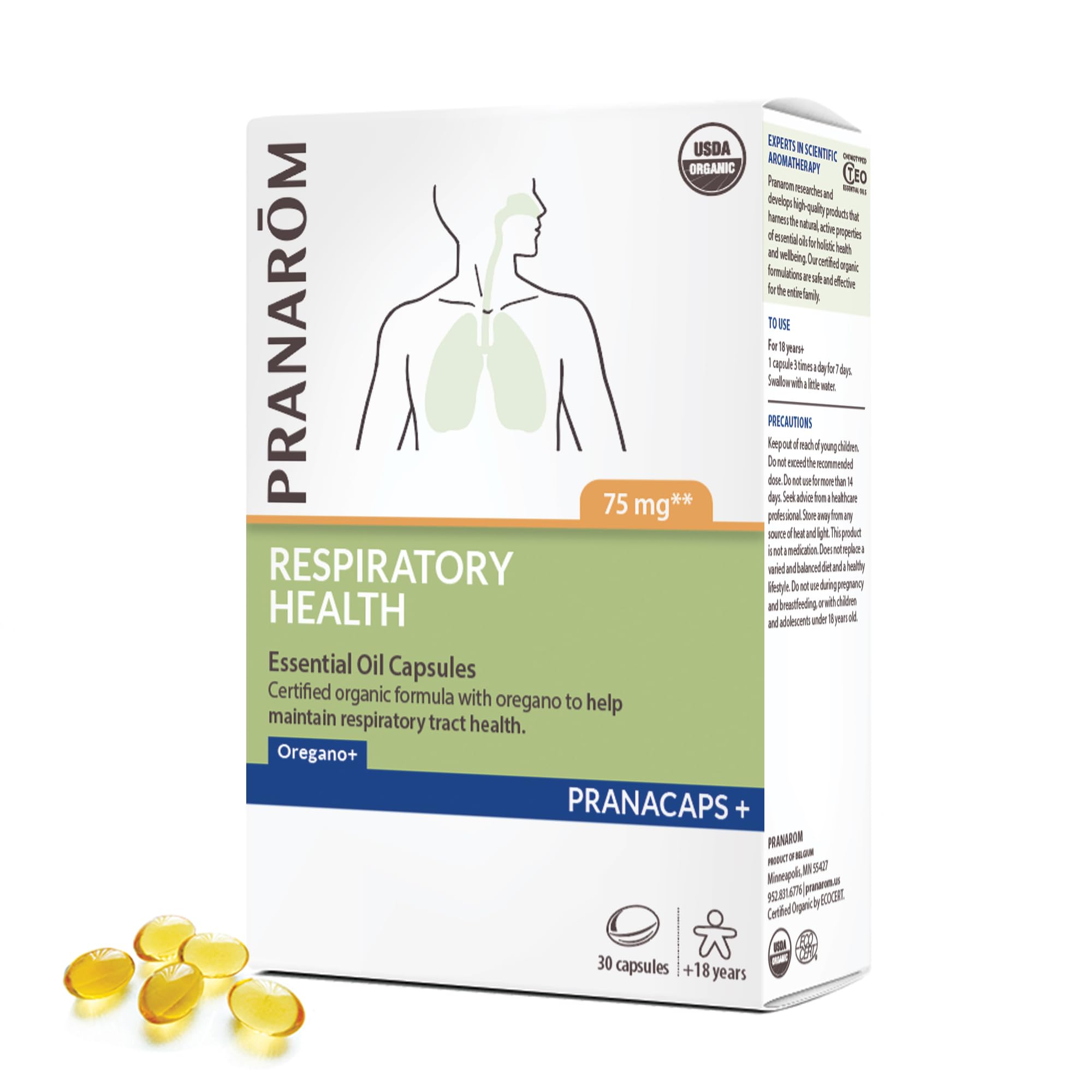 Pranarom Respiratory Health Pranacaps bottle with oregano and lemon essential oil capsules