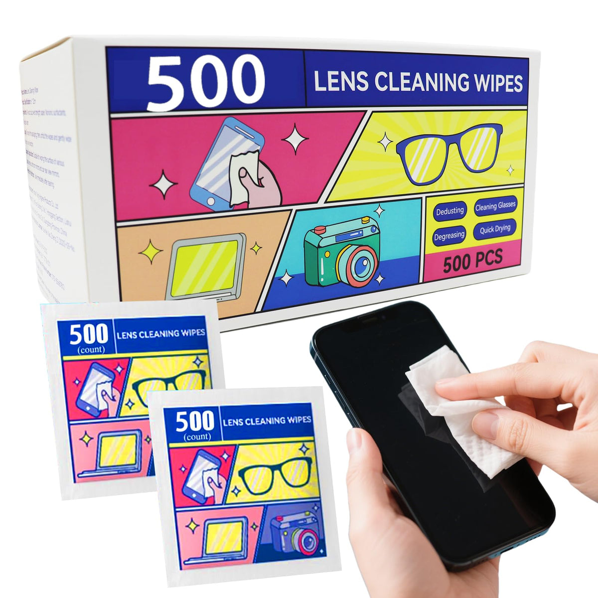 Hero image: pre-moistened lens cleaning wipes in black packaging