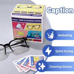 Close-up of pre-moistened lens cleaning wipe for optical lenses