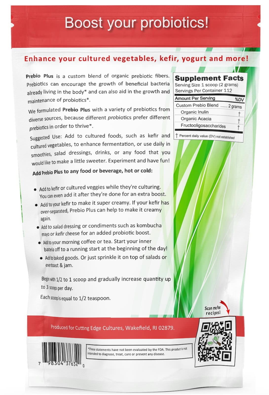 Usage ideas showing Prebio Plus mixed into smoothies, coffee, yogurt, kefir, or fermented foods