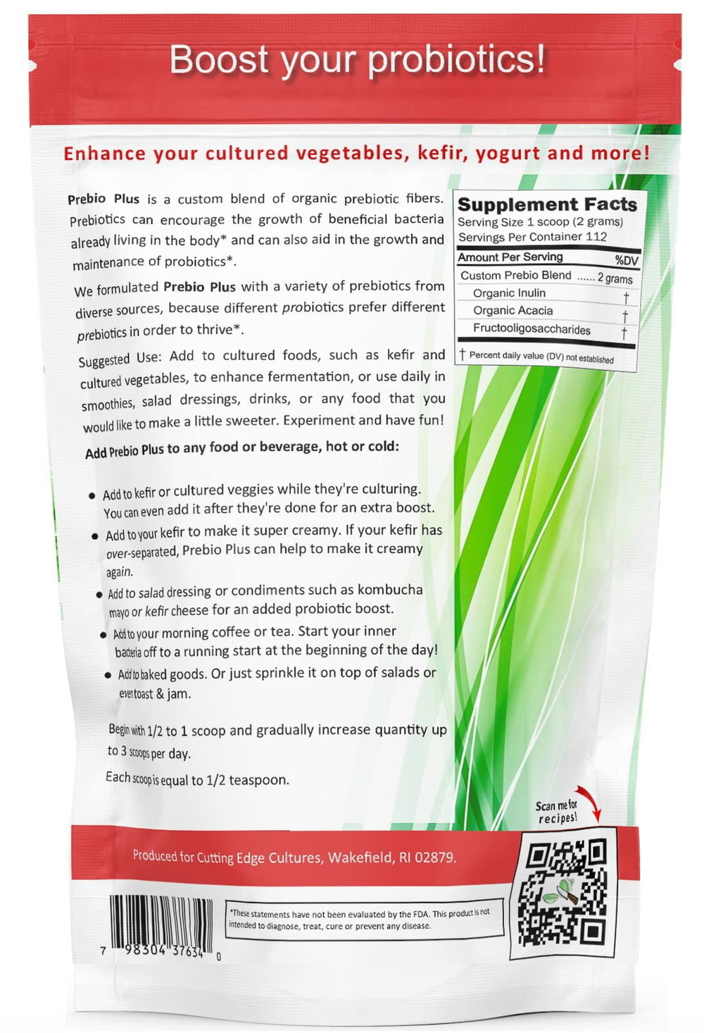 Usage ideas showing Prebio Plus mixed into smoothies, coffee, yogurt, kefir, or fermented foods