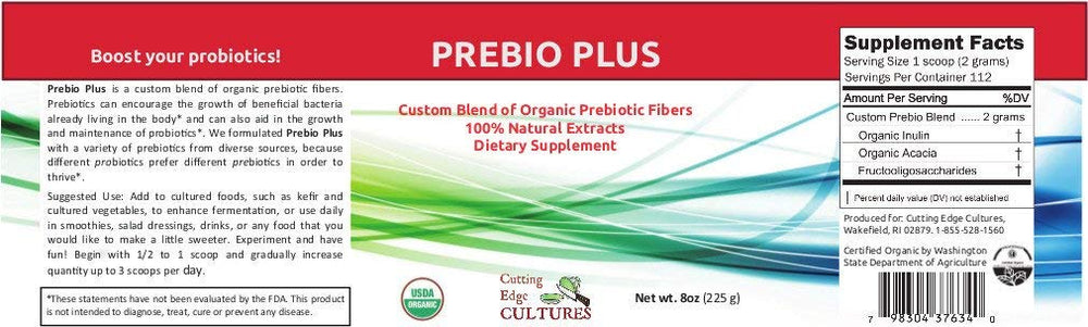 Label highlighting vegan, gluten-free, and non-GMO attributes for Prebio Plus 8 oz pouch