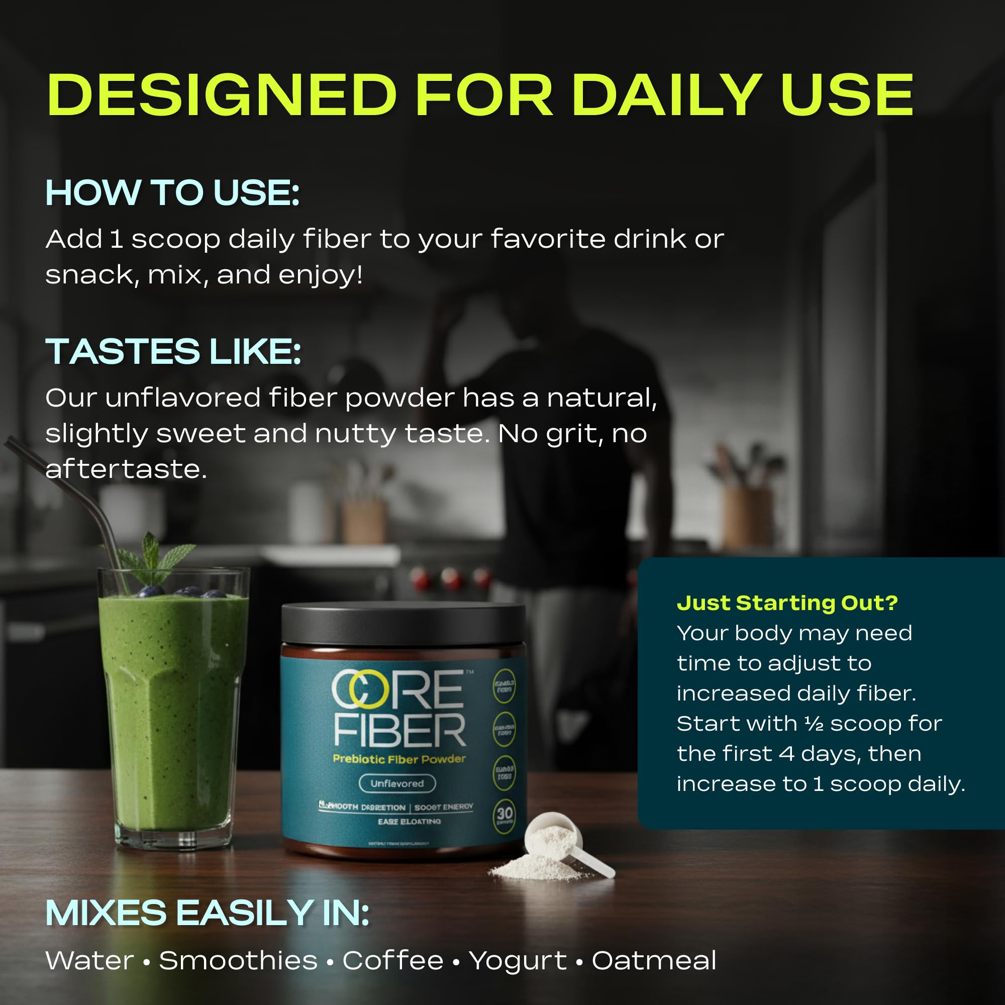 Person preparing a smoothie with fiber powder