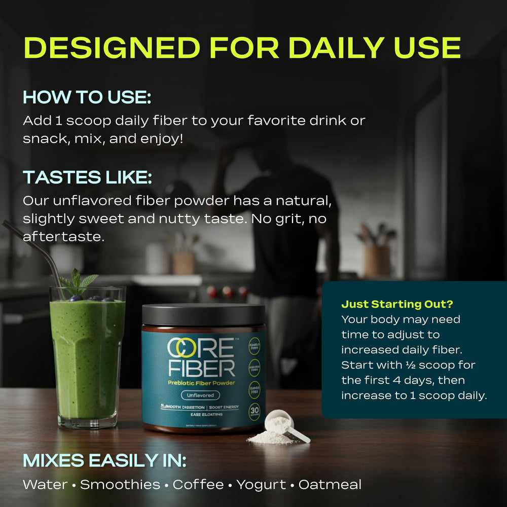 Person preparing a smoothie with fiber powder