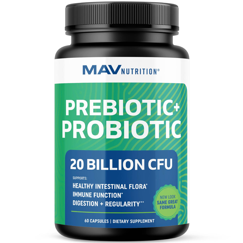 Bottle of MAV Pre and Probiotics for gut health – 60 count
