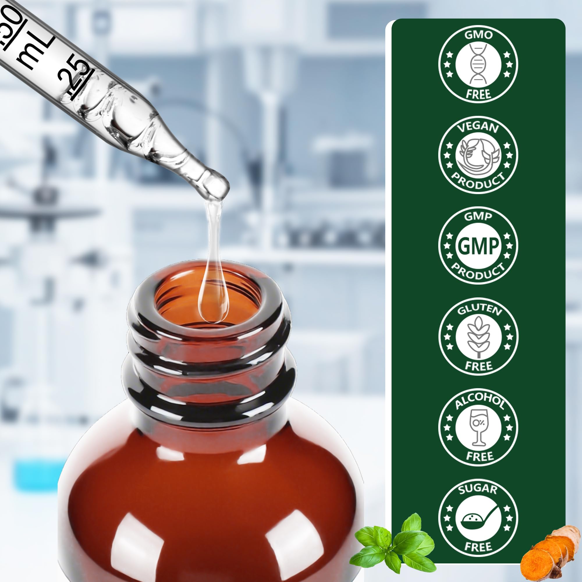 Precision dropper bottle illustrating easy dosing.