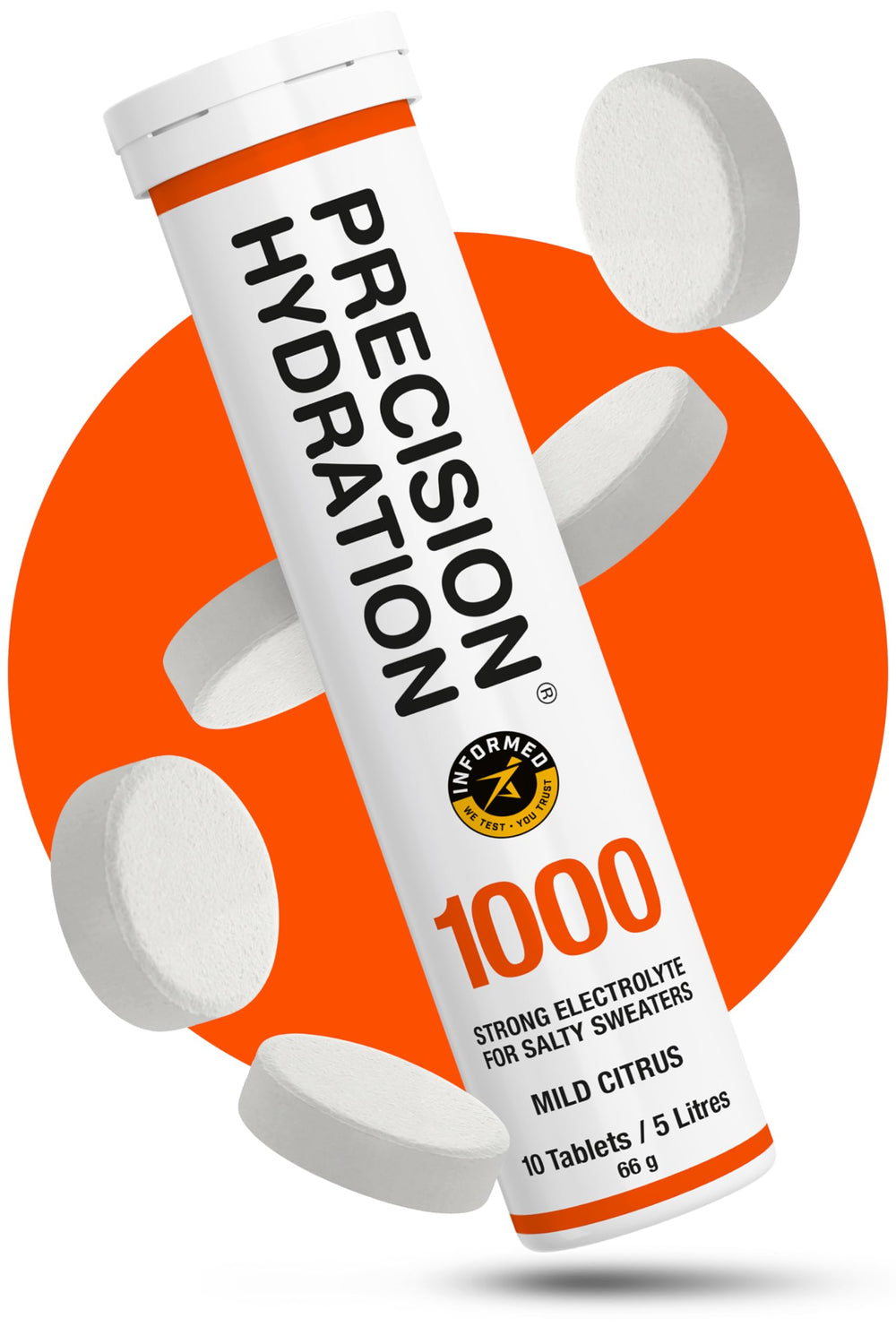 Front view of Precision Hydration Electrolyte Tablets orange tube