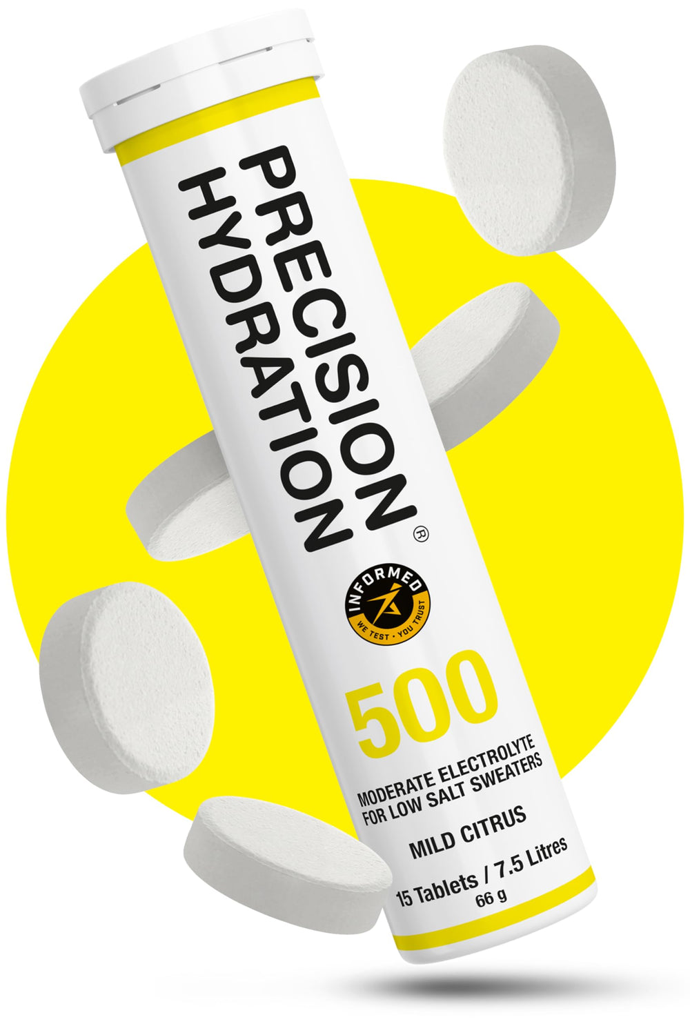 Precision Hydration electrolyte tablets in yellow tube front view for easy hydration on the go.