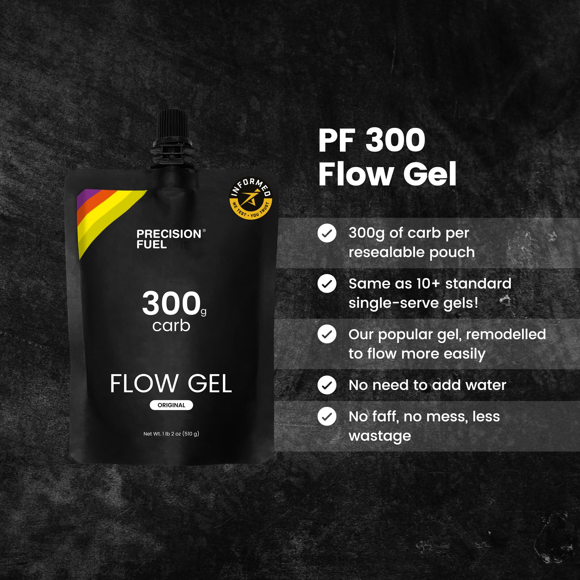 Precision Fuel 300 Flow texture closeup highlights non-sticky mouthfeel during long runs.