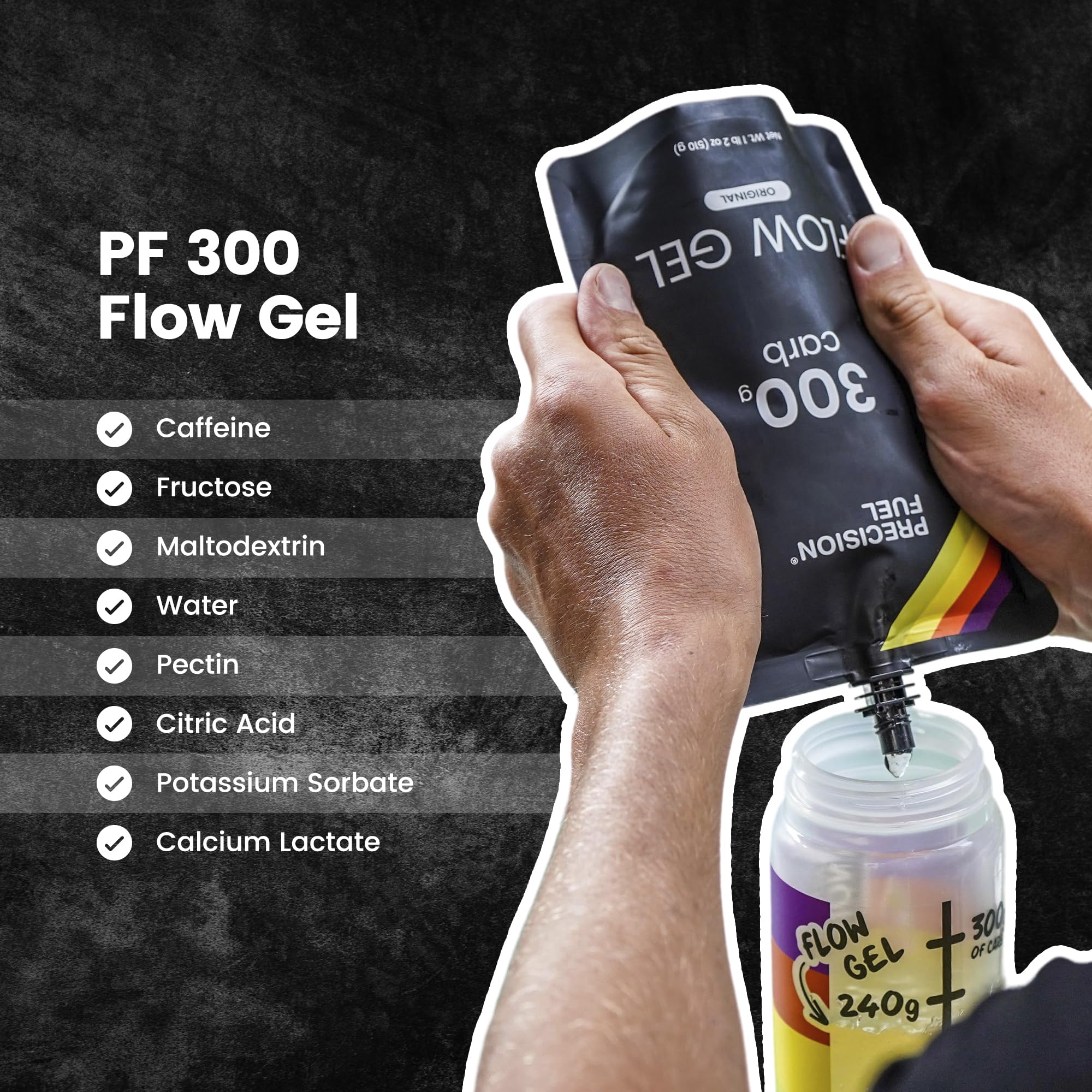 Precision Fuel 300 Flow vegan gel label highlights no artificial ingredients.
