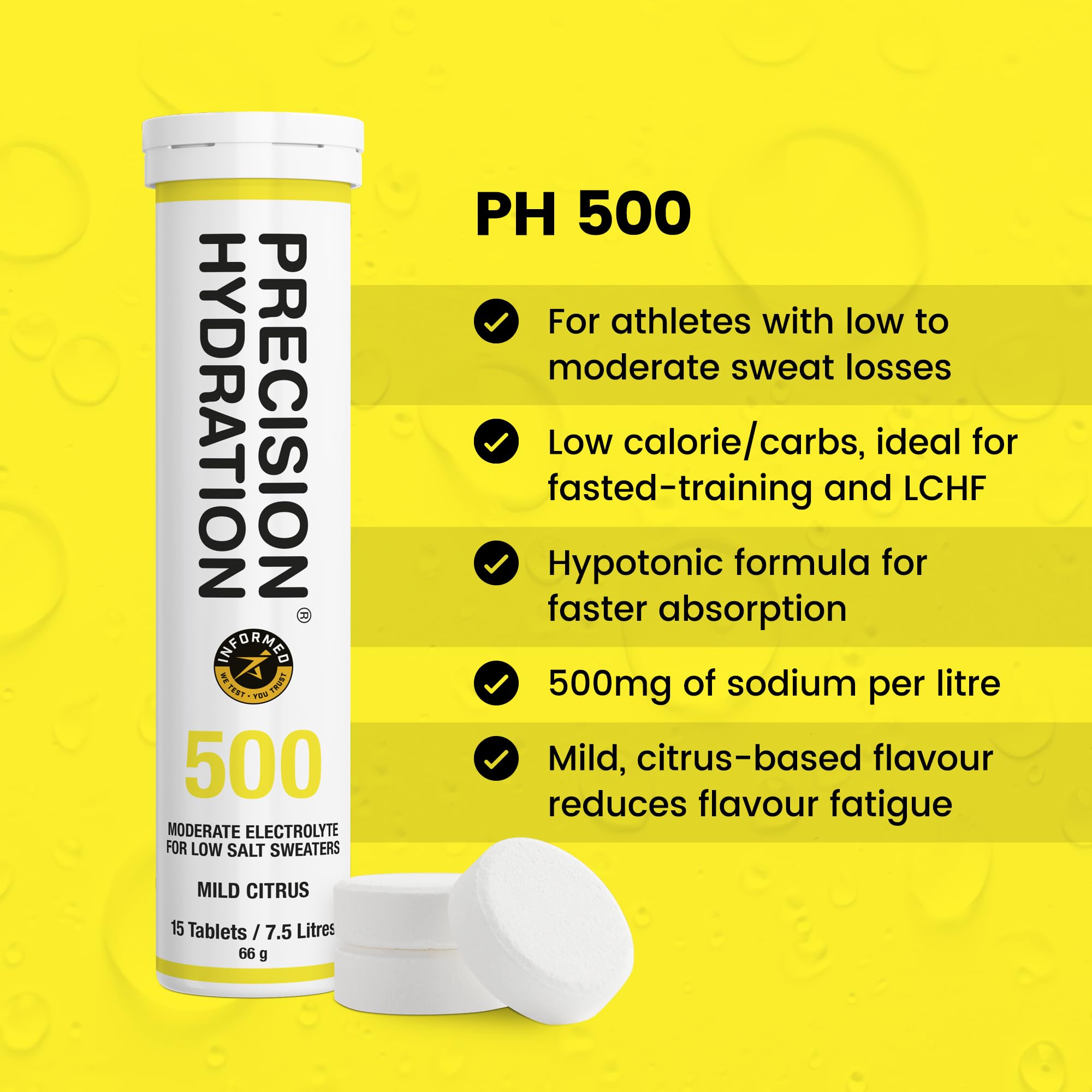 Precision Hydration tablets dissolving in water, highlighting quick fizz and refreshing hydration.