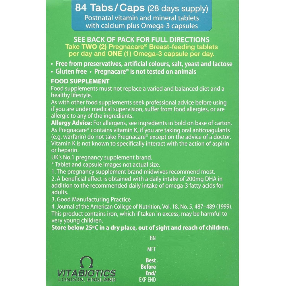 Nutrition information label for Pregnacare Breast-Feeding 84 Tablets