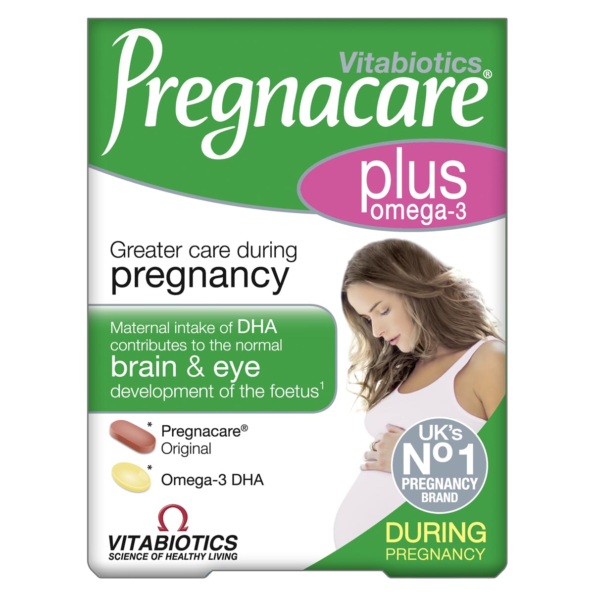 Vitabiotics Pregnacare Plus Omega-3-56 2-in-1 prenatal pack with 28 tablets and 28 DHA capsules