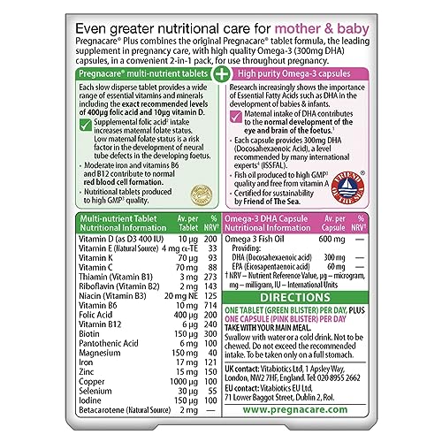 Close-up of Pregnacare Plus Omega-3-56 ingredients showing folic acid and DHA capsules