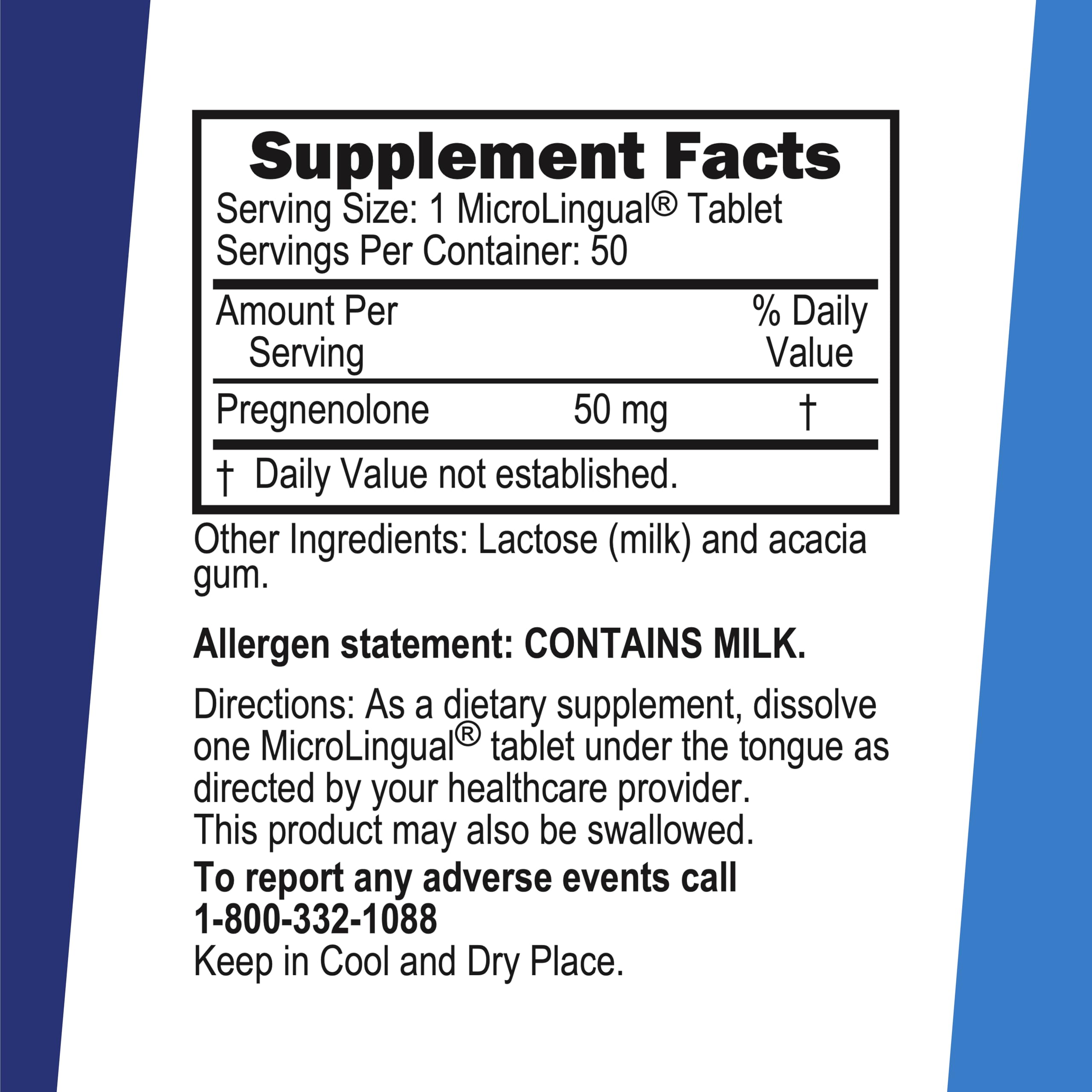 Bottle label for Pregnenolone 50 mg supplement