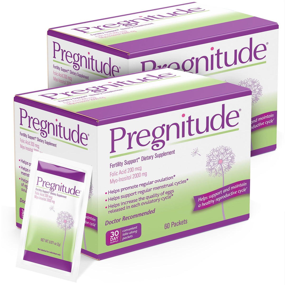 Pregnitude front packaging showing box and packet benefits