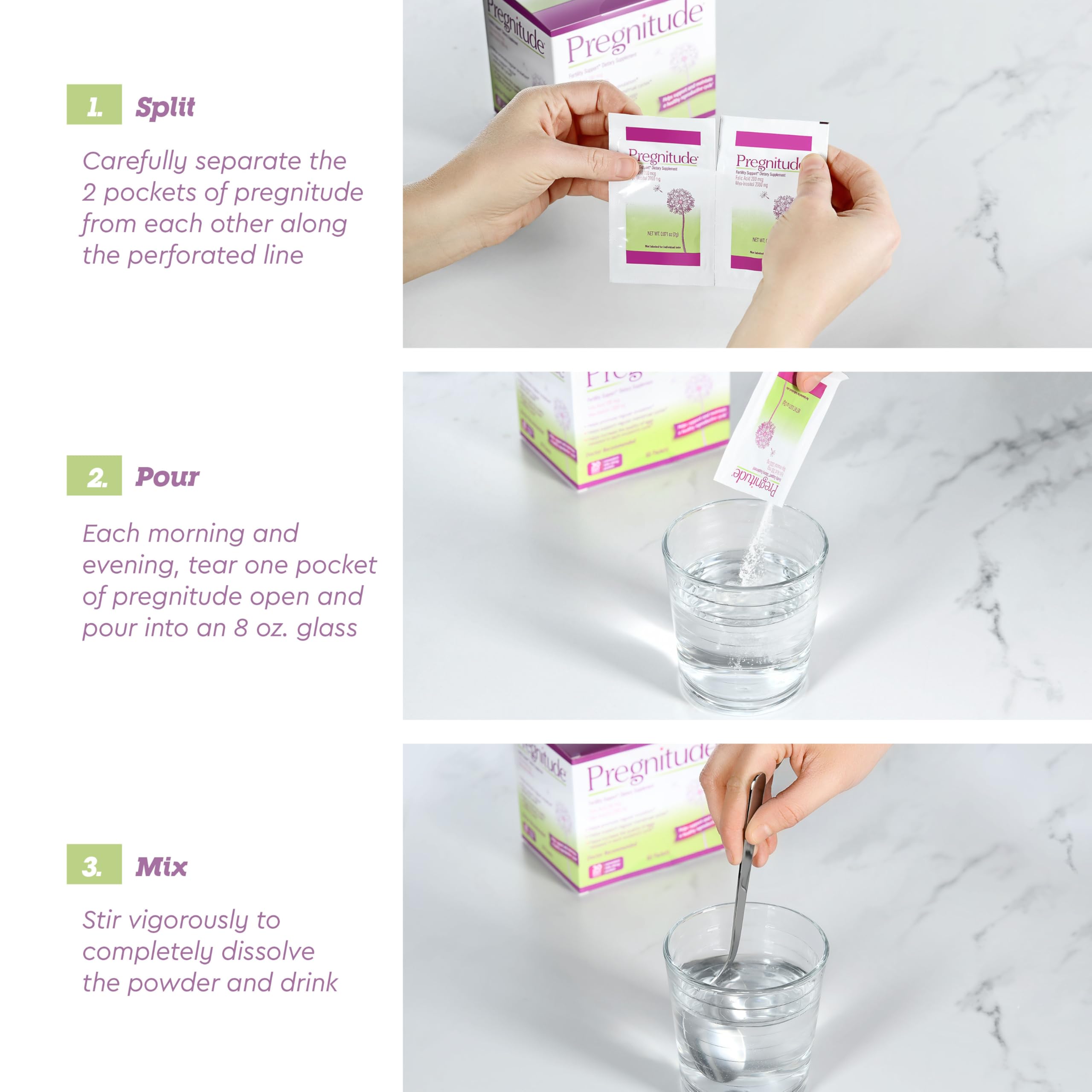 Pregnitude dissolving in water, brand shown with convenient daily use