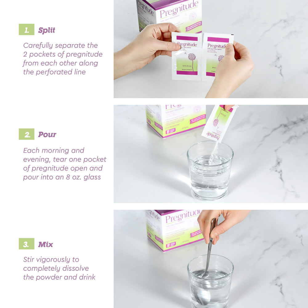 Pregnitude dissolving in water, brand shown with convenient daily use