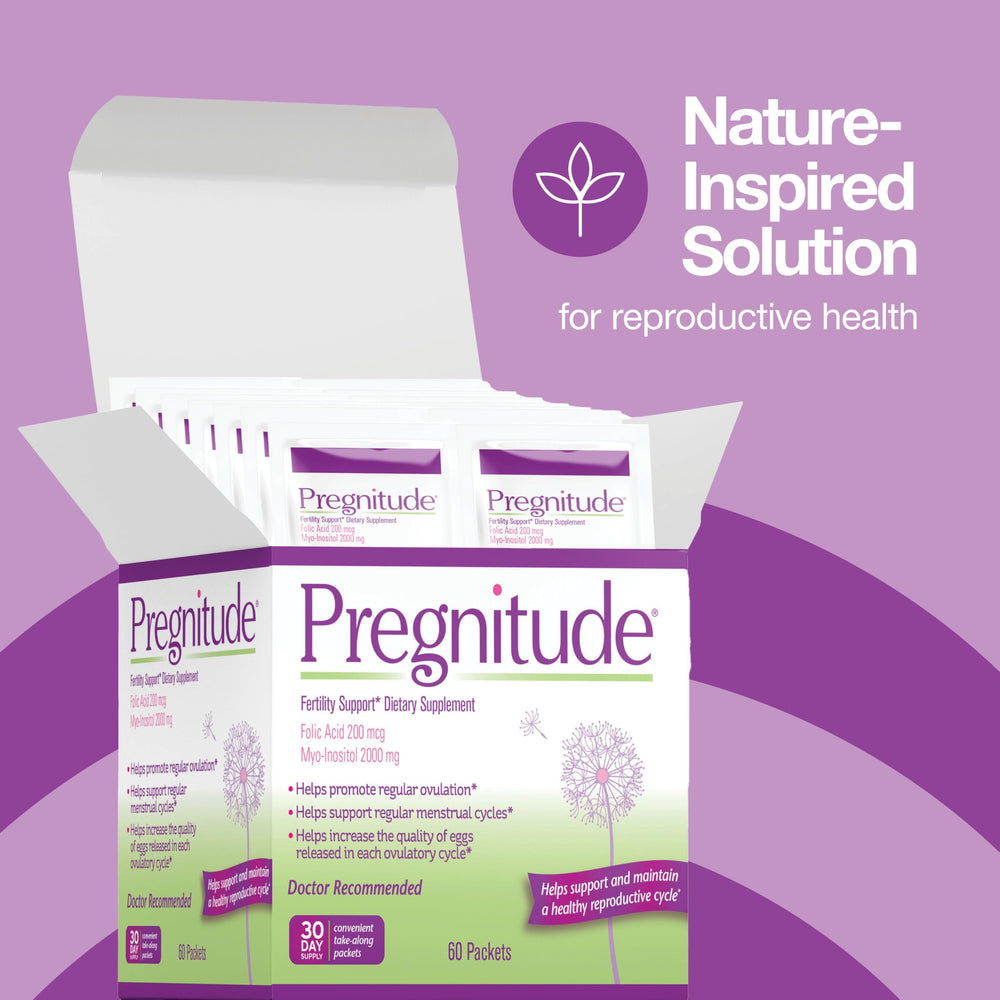 Pregnitude single packet close-up, ready to open for quick use