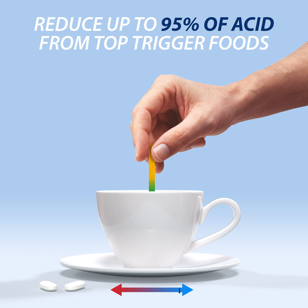 Prelief bottle beside meal setup suggesting use with acidic foods for smoother digestion