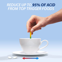 Prelief bottle beside meal setup suggesting use with acidic foods for smoother digestion
