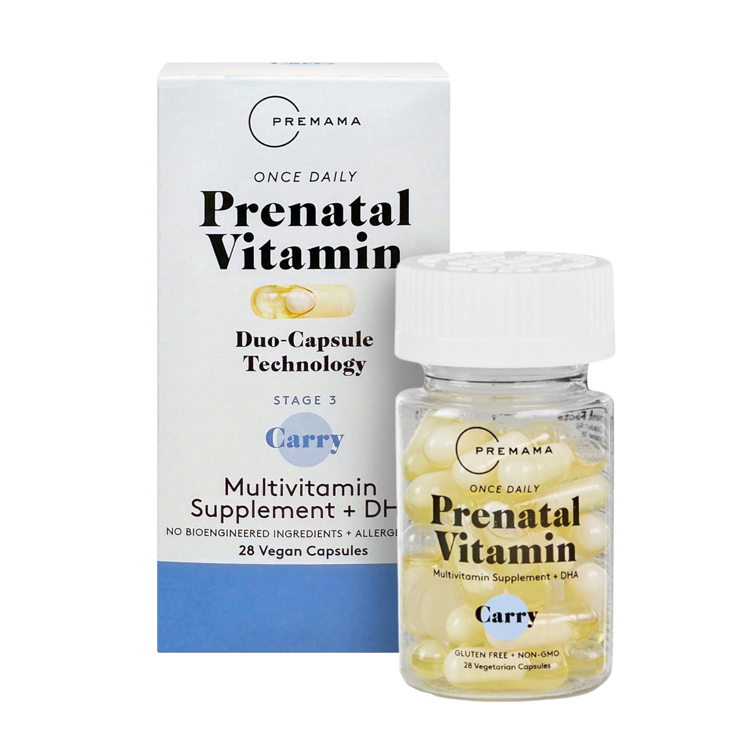 Bottle of Premama Prenatal Vitamins with 28 vegan capsules