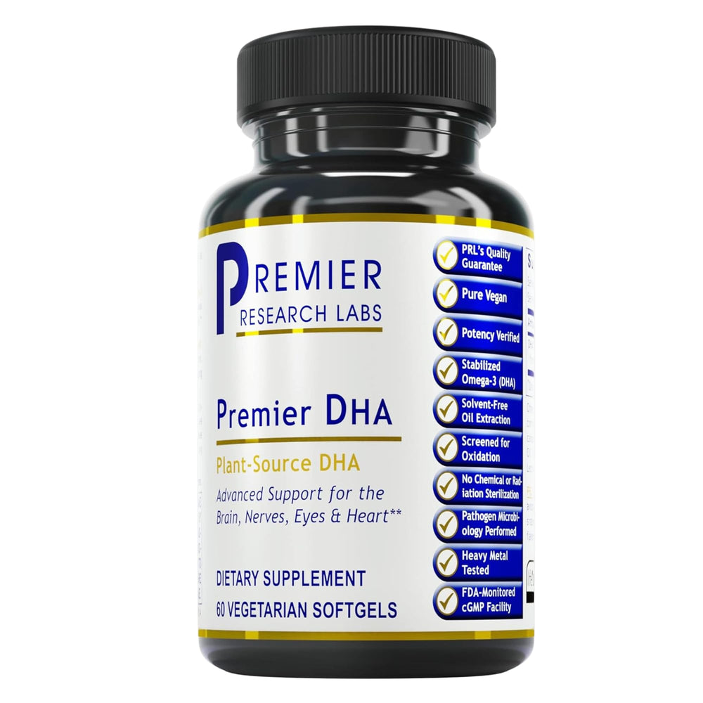 Bottle with Premier DHA vegan algae-based omega-3 softgels