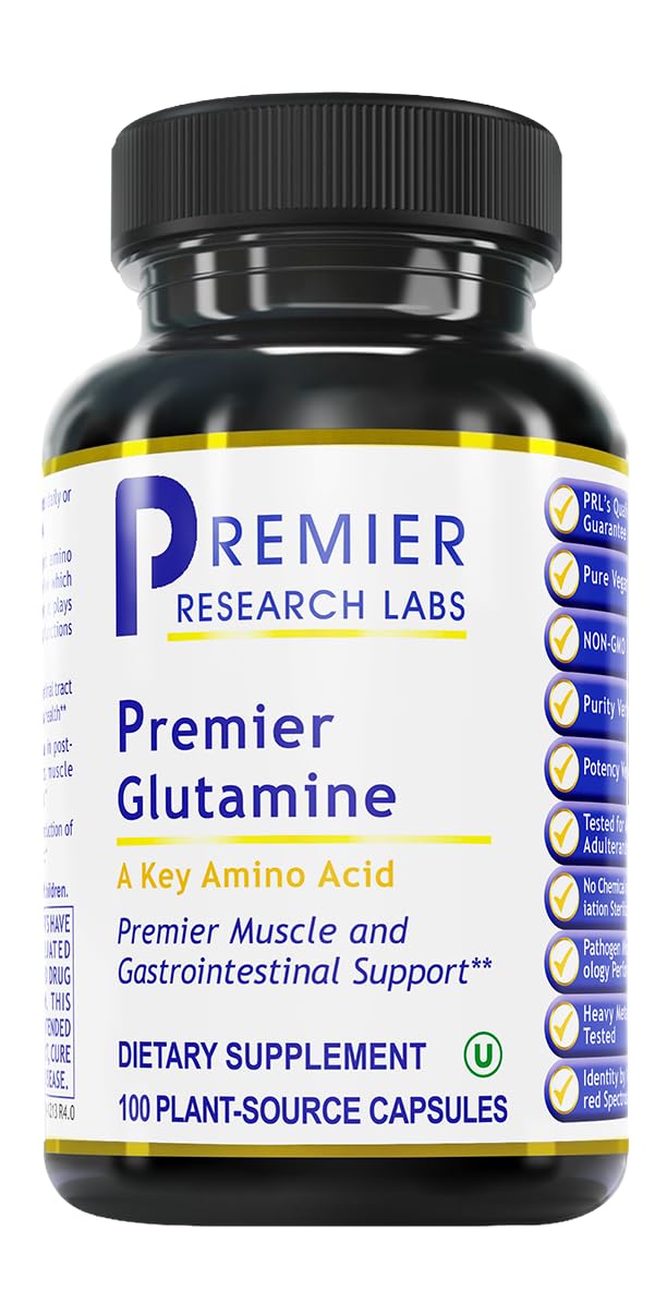 Premier Glutamine bottle label with Premier Research Labs branding
