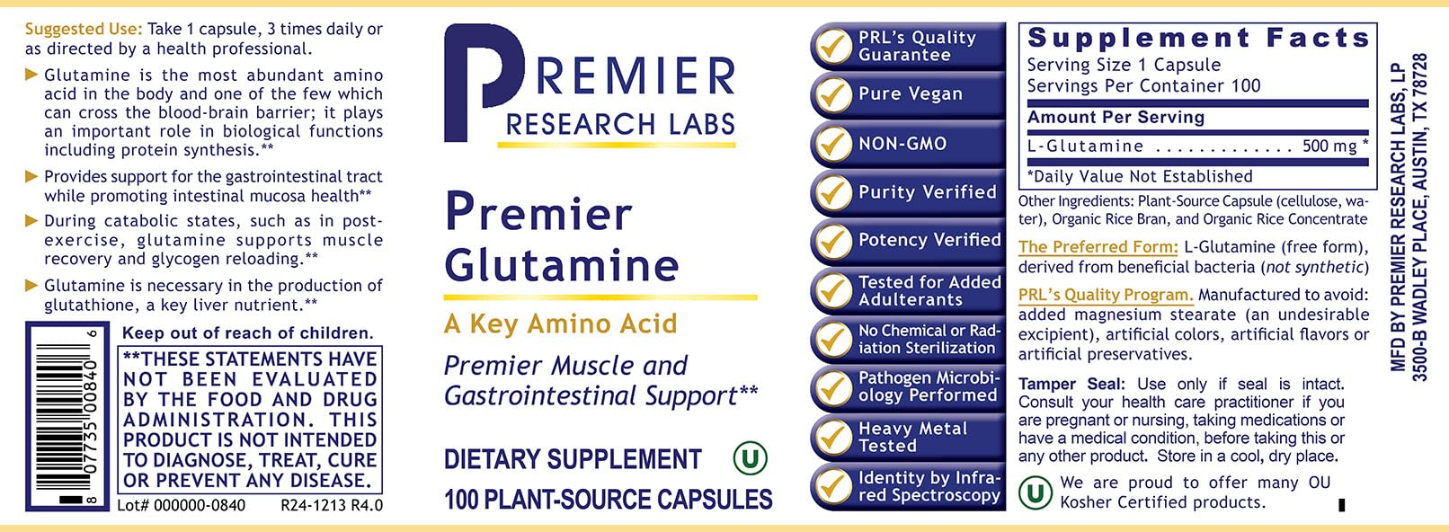 Close-up of capsules inside Premier Glutamine bottle