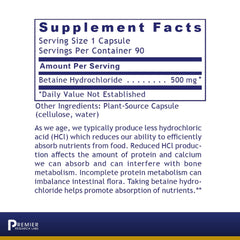 Premier HCL bottle back label with supplement facts