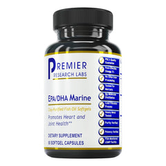 Premier Research Labs EPA DHA softgels bottle front for daily heart and brain support.