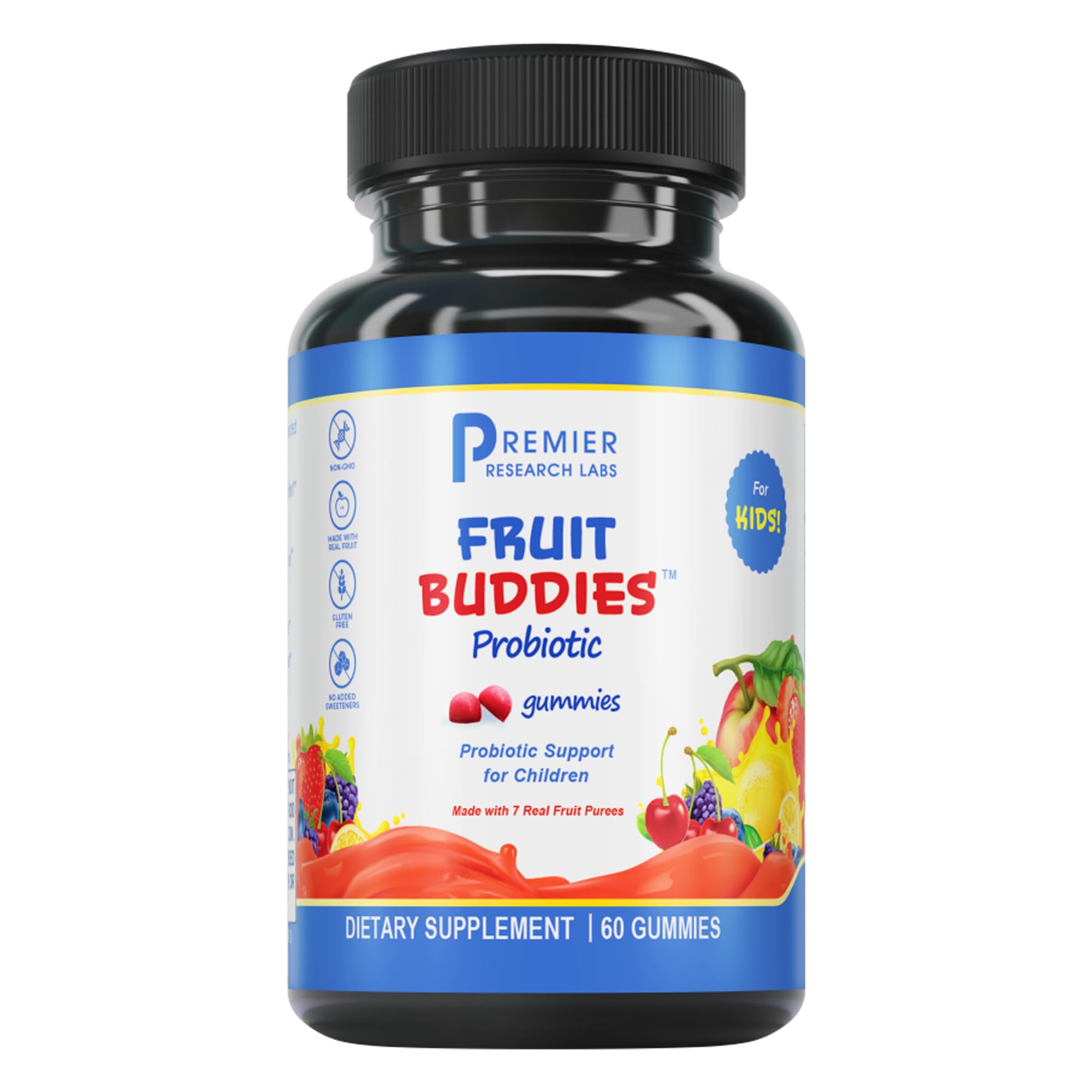 Premier Research Labs FruitBuddies Kids Probiotic Gummies box and bottle (60 vegan gummies)