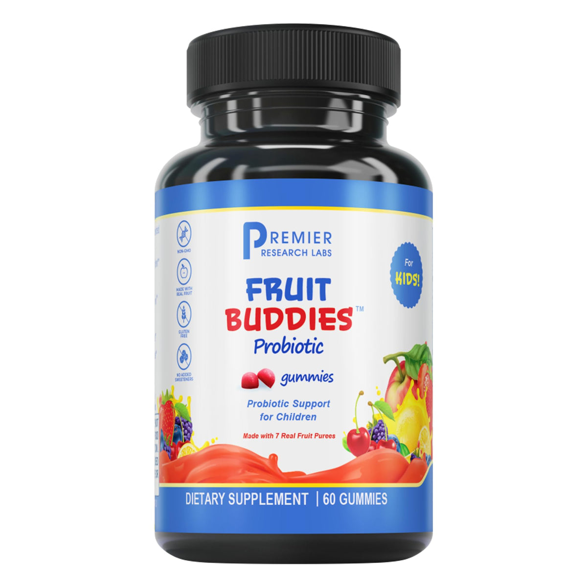 Premier Research Labs FruitBuddies Kids Probiotic Gummies box and bottle (60 vegan gummies)