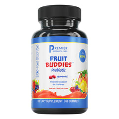 Premier Research Labs FruitBuddies Kids Probiotic Gummies box and bottle (60 vegan gummies)