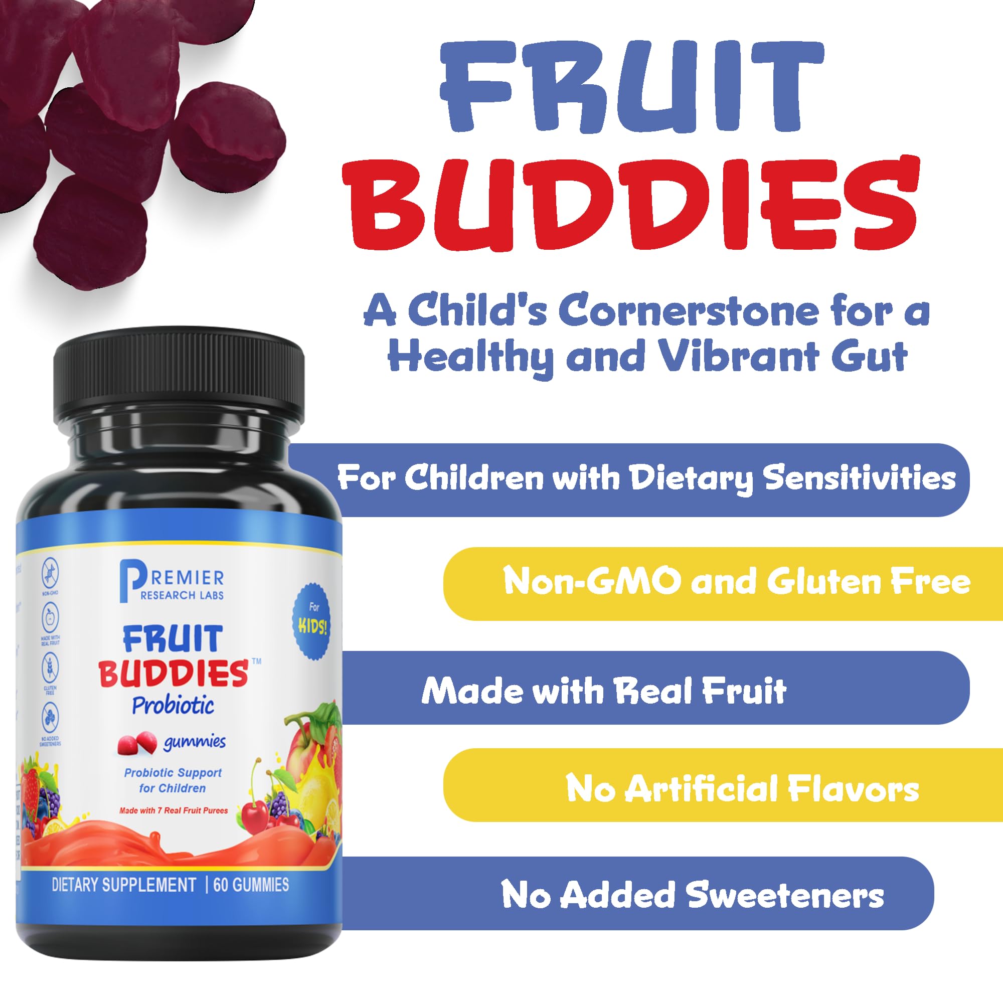 FruitBuddies Kids Probiotic Gummies bottle close-up with label