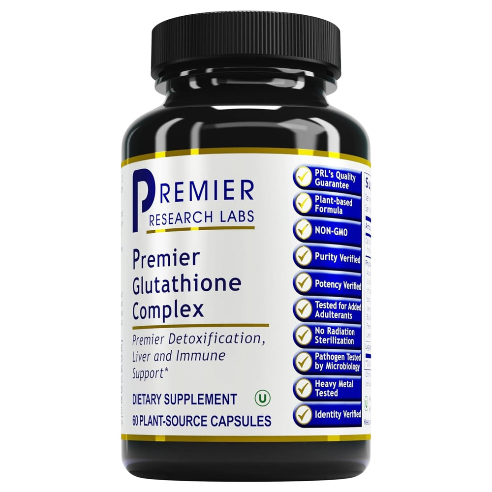 Premier Research Labs Glutathione Complex bottle for daily antioxidant support in a vegetarian capsule.