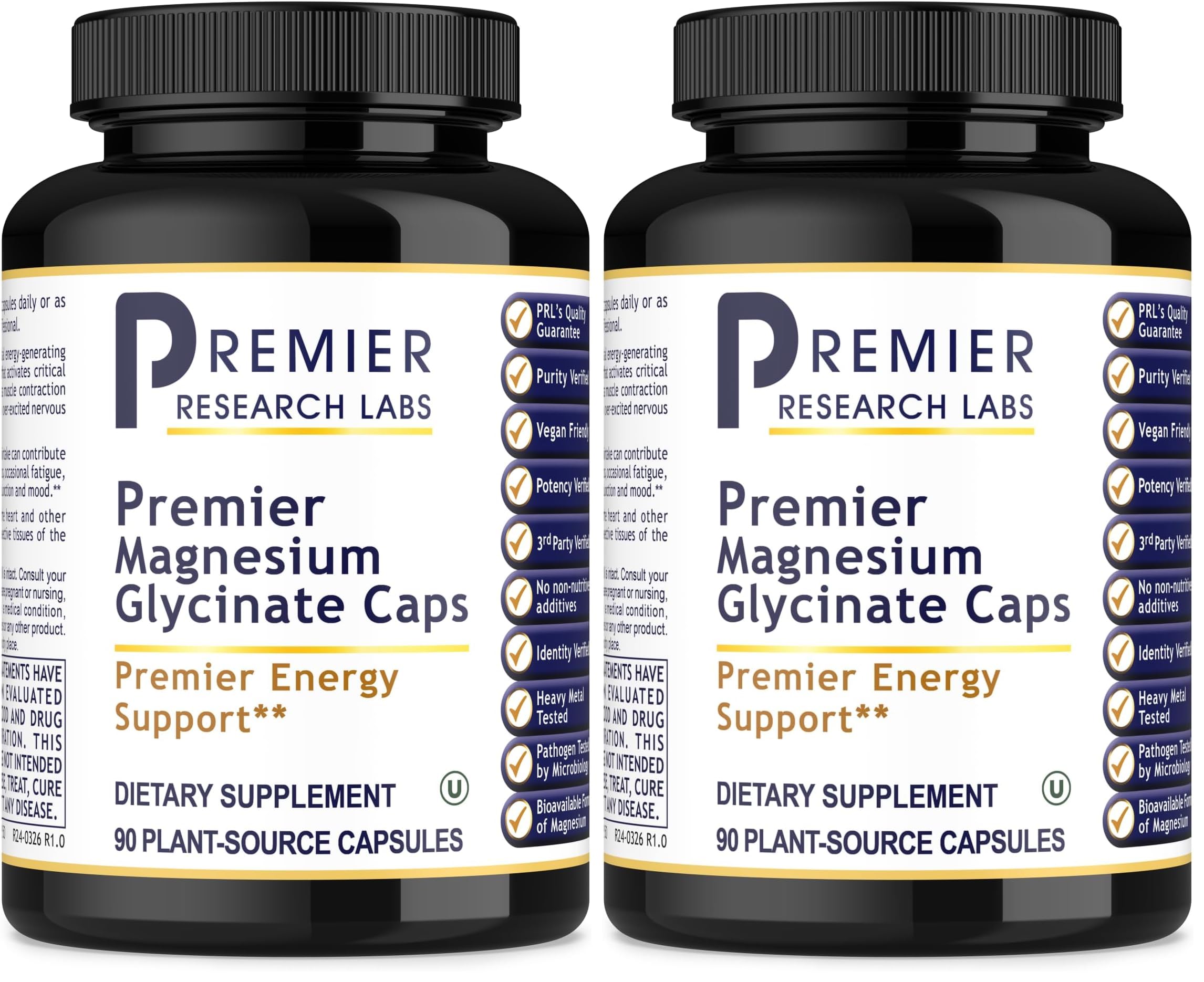 Front view of Premier Research Labs Magnesium Glycinate bottle, two-pack